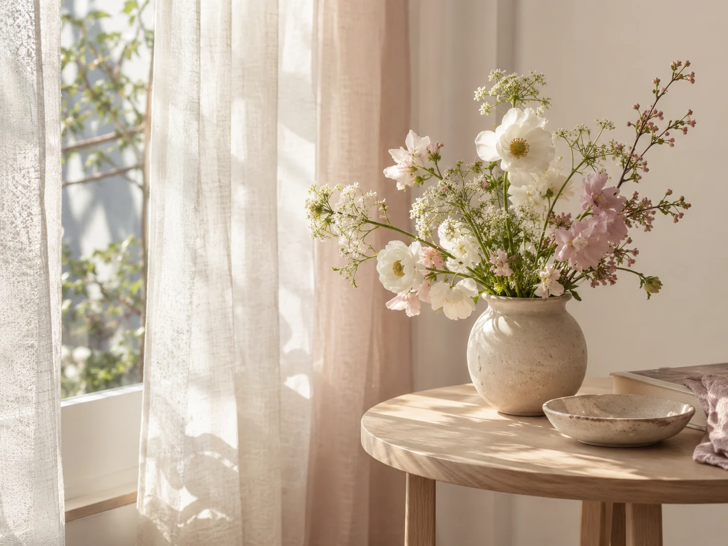 窓辺に飾られた白と淡いピンクの花