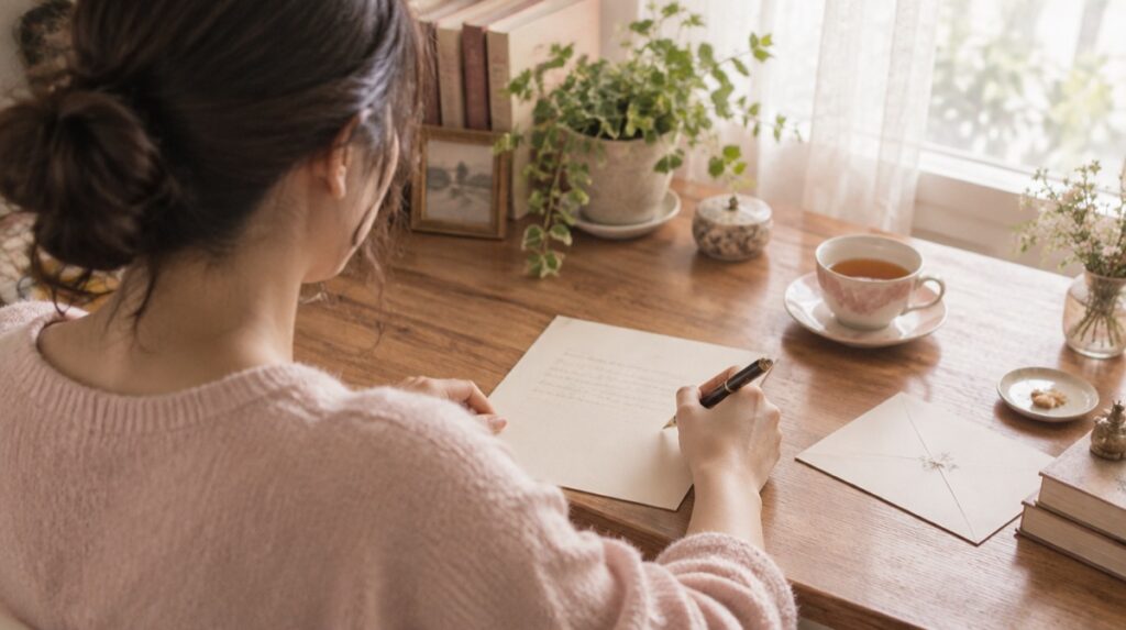 窓辺の机で、便箋に手紙を書く女性の後ろ姿。ペンを持つ手が止まっている