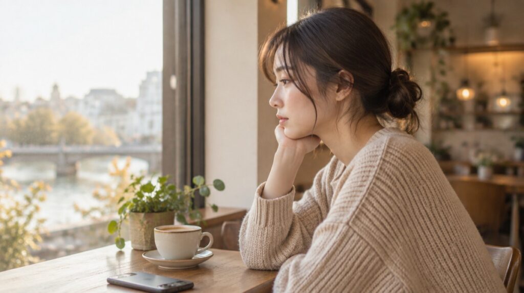 カフェの窓辺で頬杖をつき、外を静かに見つめる女性の横顔