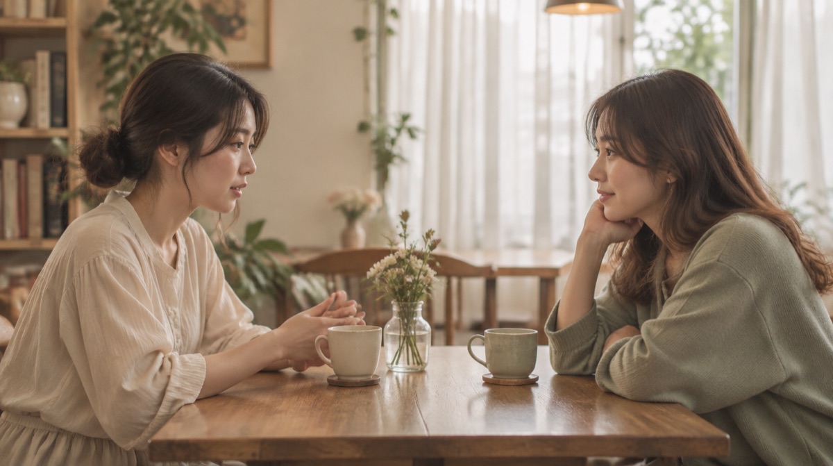向かい合って座り、片方が話し、片方が静かに聞いている2人の女性