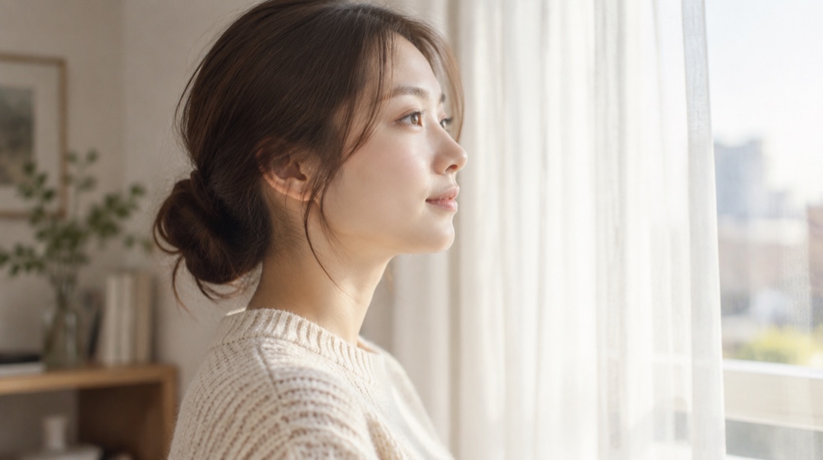 窓辺に立ち、まっすぐ前を見ている女性の横顔