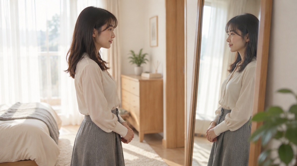 鏡の前に立ち、鏡に映る自分と静かに向き合っている女性