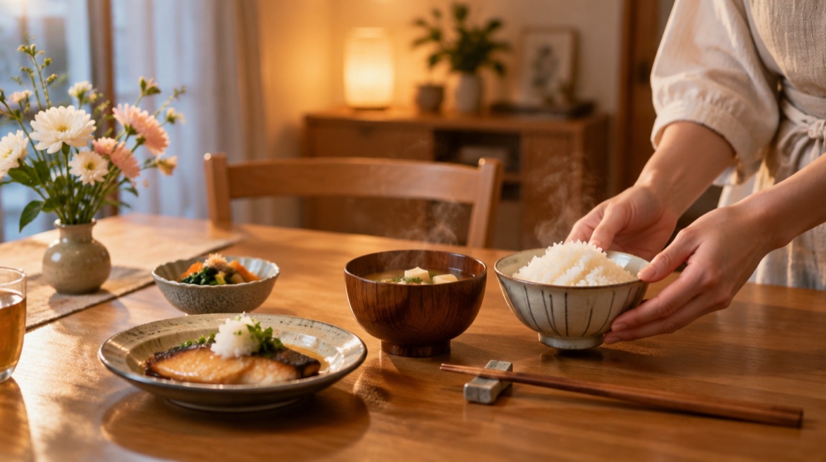 湯気の立つ食事が並んだ食卓に、ごはんの器を置く女性の手元