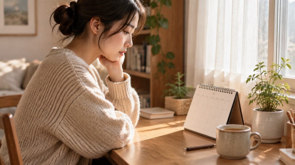 机の上のカレンダーを静かに見つめる女性の横顔