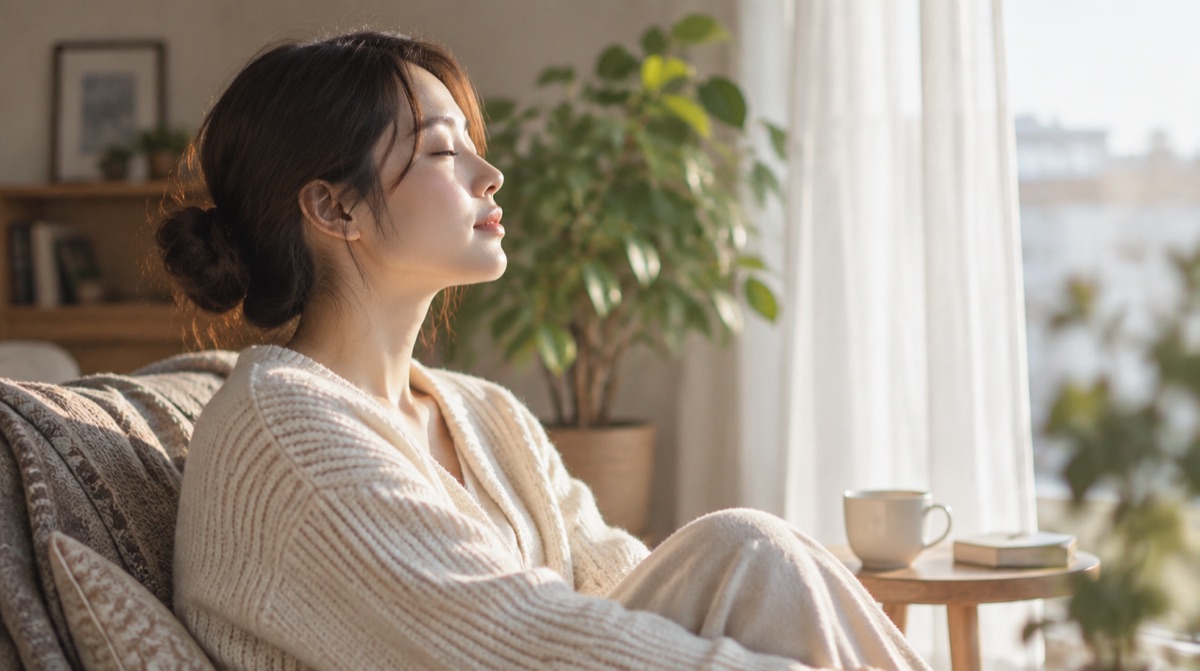 窓辺の椅子で目を閉じ、朝の光を受けている女性の横顔