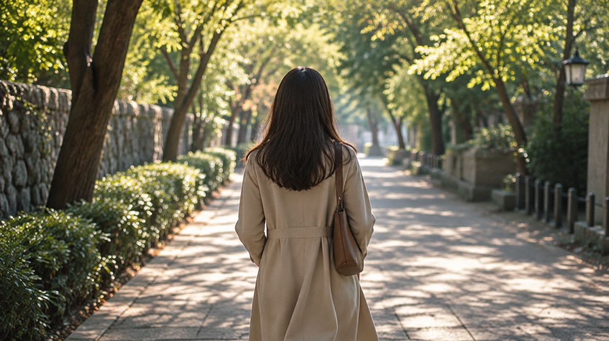 木漏れ日の並木道をひとりで歩く女性の後ろ姿