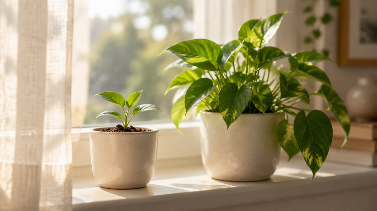 窓辺に並ぶ、育ち方の違う2つの観葉植物