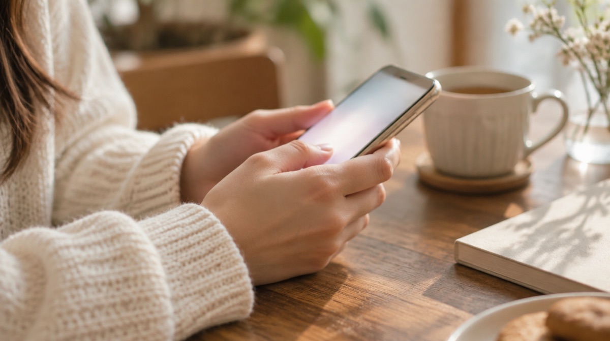 テーブルでスマートフォンを両手に持つ女性の手元