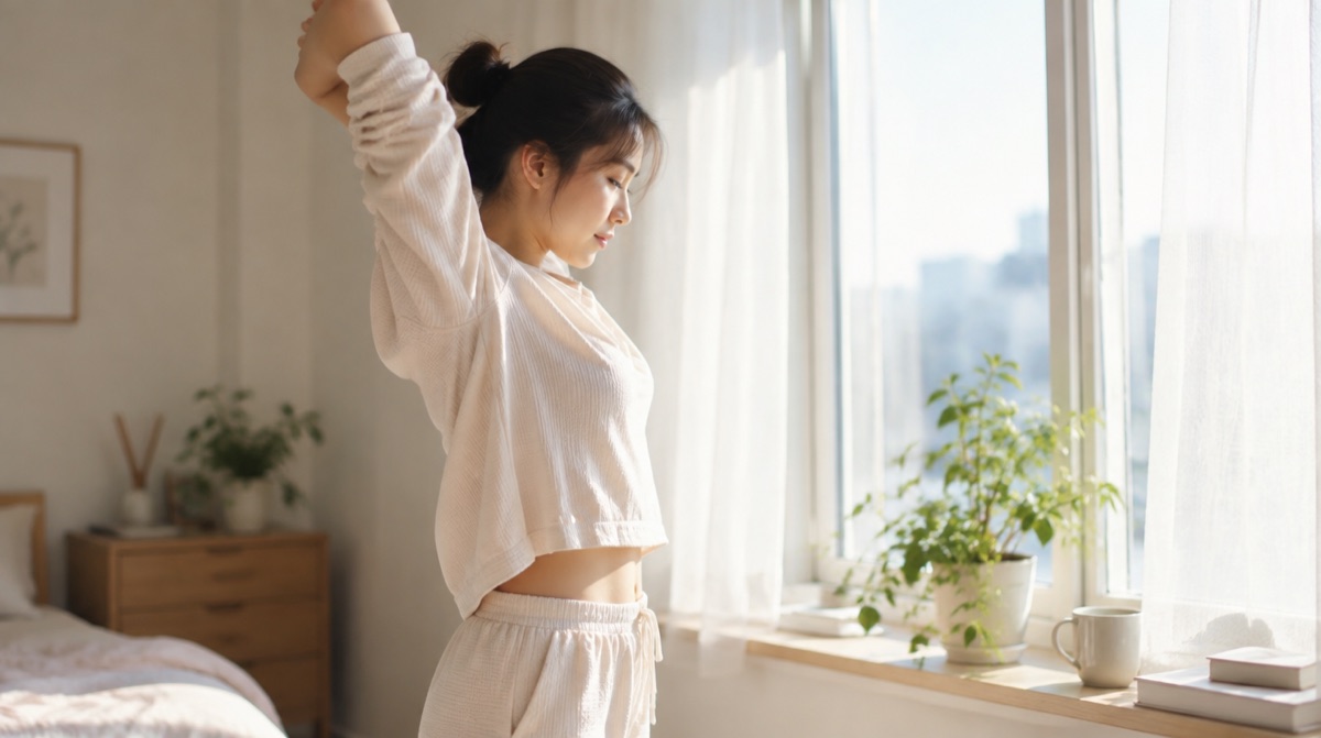 朝の窓辺で静かに伸びをする女性の横顔