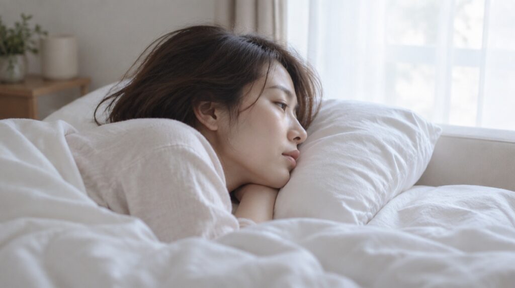 朝、ベッドで目覚めたばかりの女性の横顔