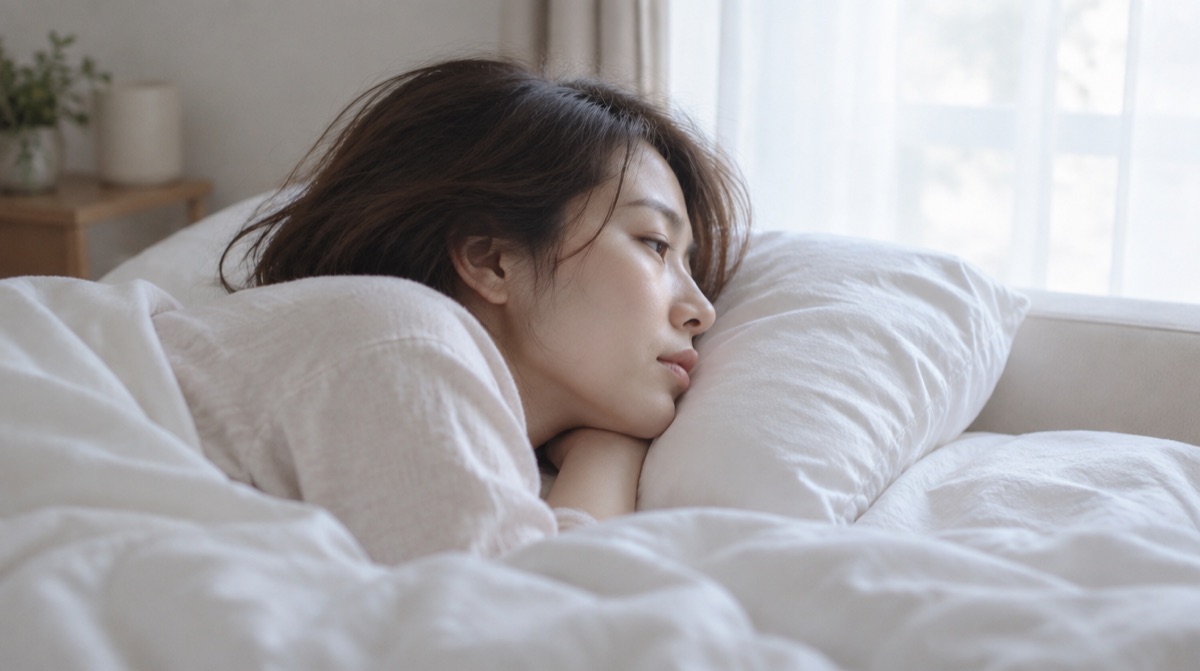 朝、ベッドで目覚めたばかりの女性の横顔