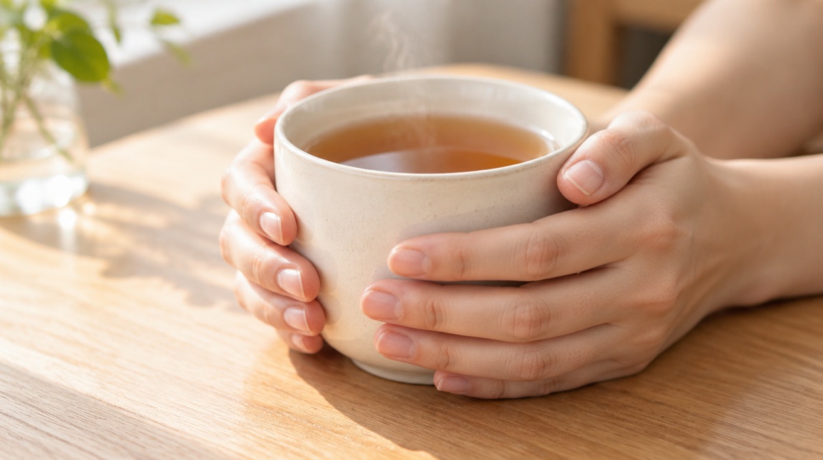 温かい紅茶のカップを両手で包む手元