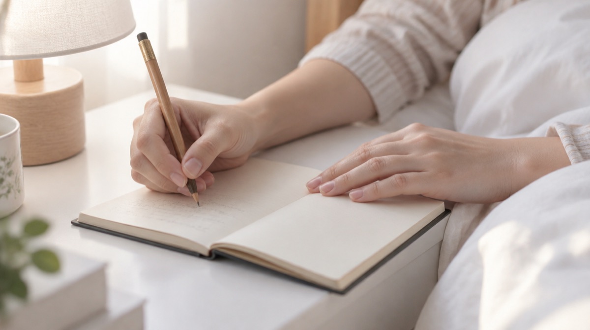 枕元のノートに書きつけている手元