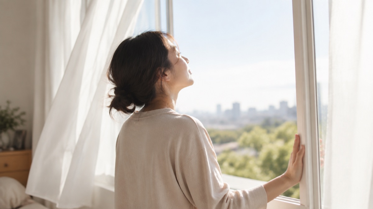 窓を開けて、朝の空を見上げる女性の横顔